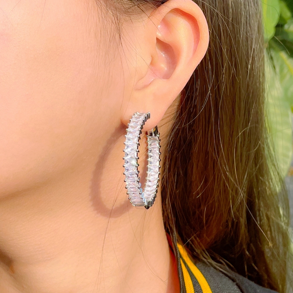 14k gold or sliver diamond hoop earrings - Picture 2 of 8